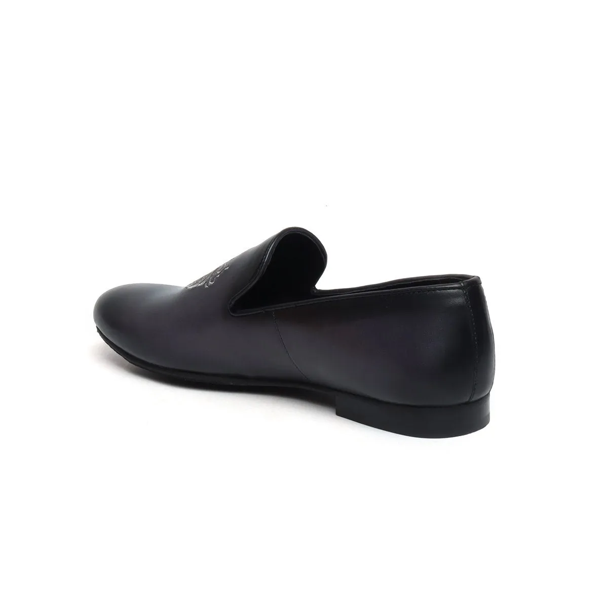 Grey Leather/Silver Lion King Embroidery Slip-On Shoes By Brune & Bareskin