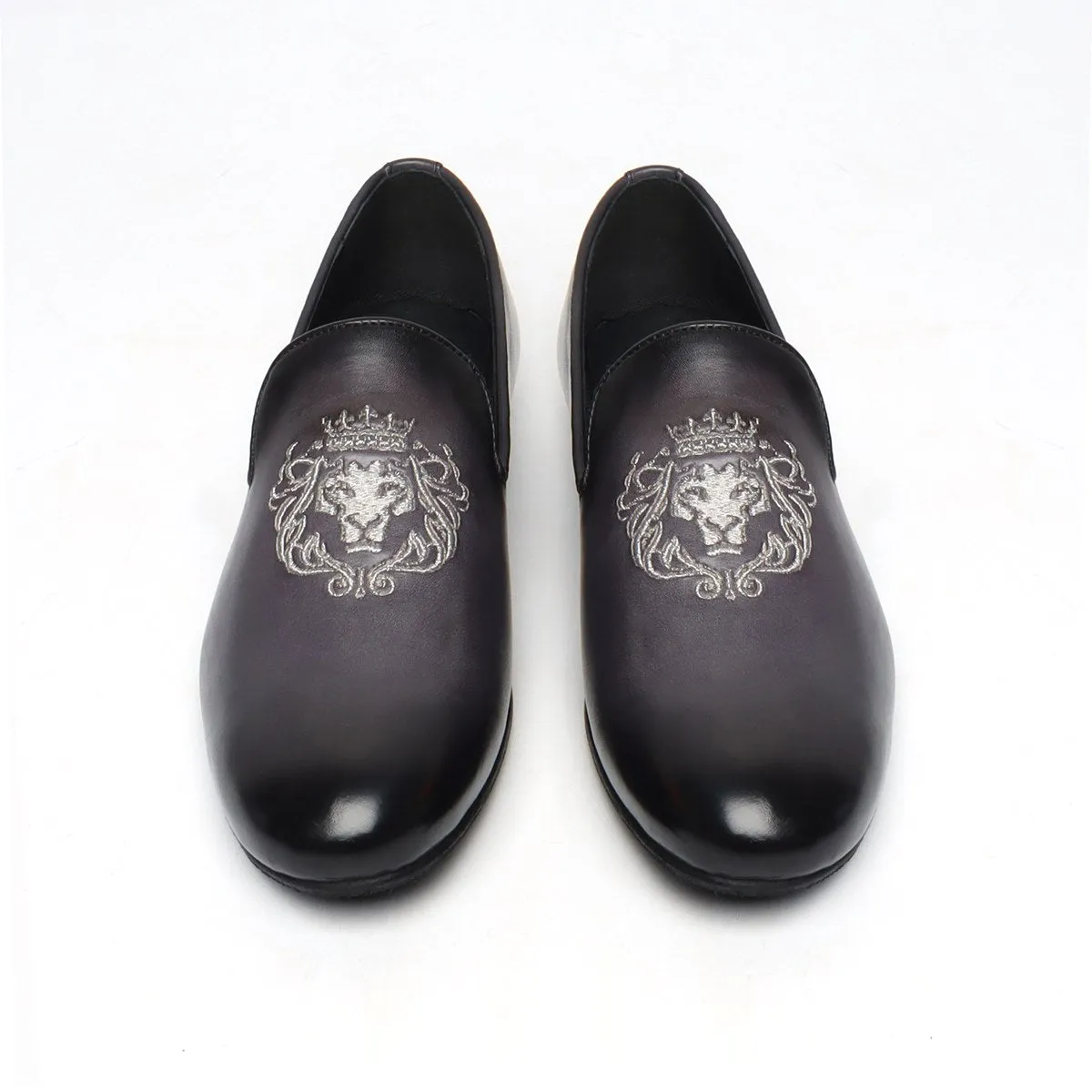 Grey Leather/Silver Lion King Embroidery Slip-On Shoes By Brune & Bareskin