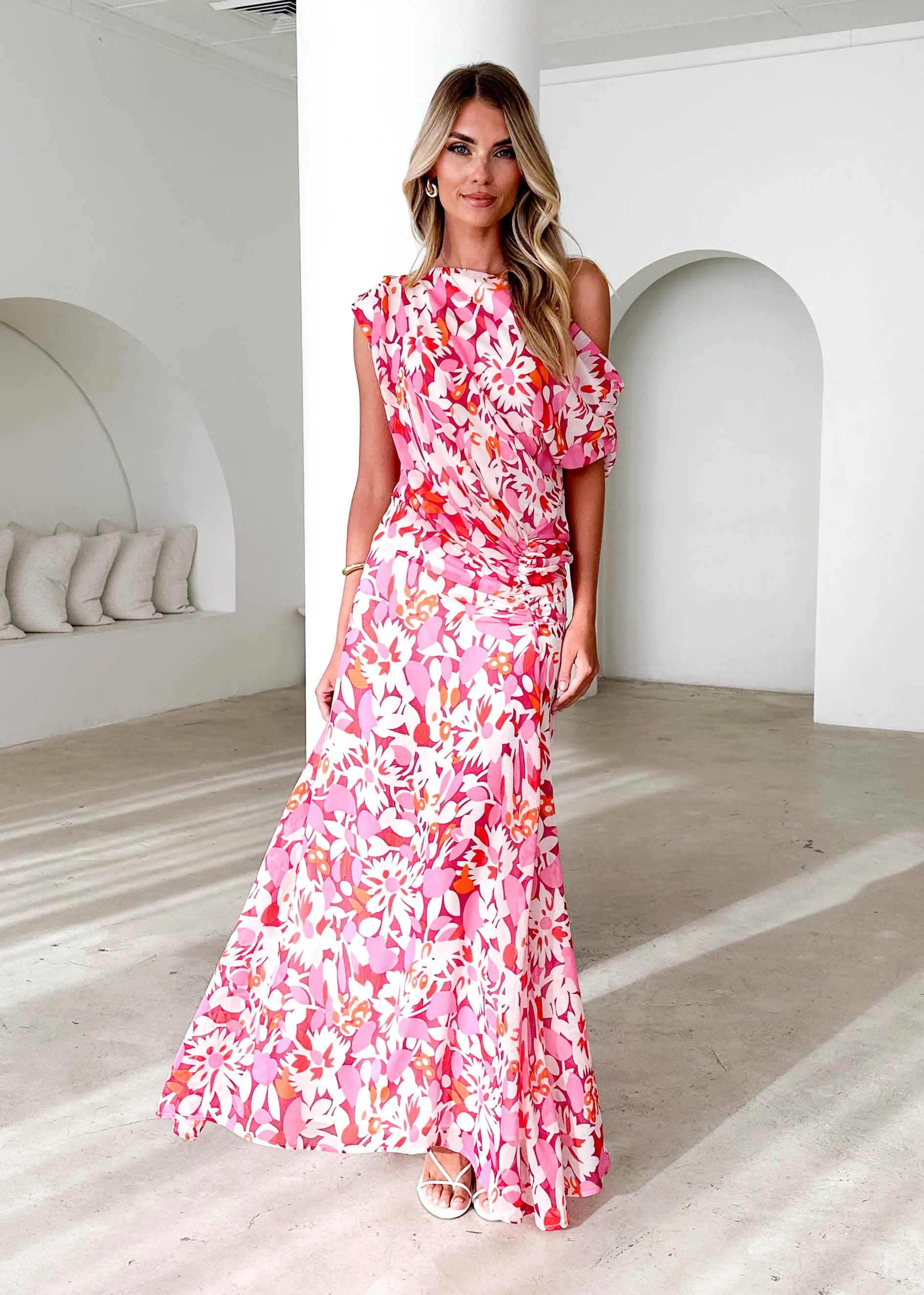 Helix Off Shoulder Midi Dress - Rio Pink