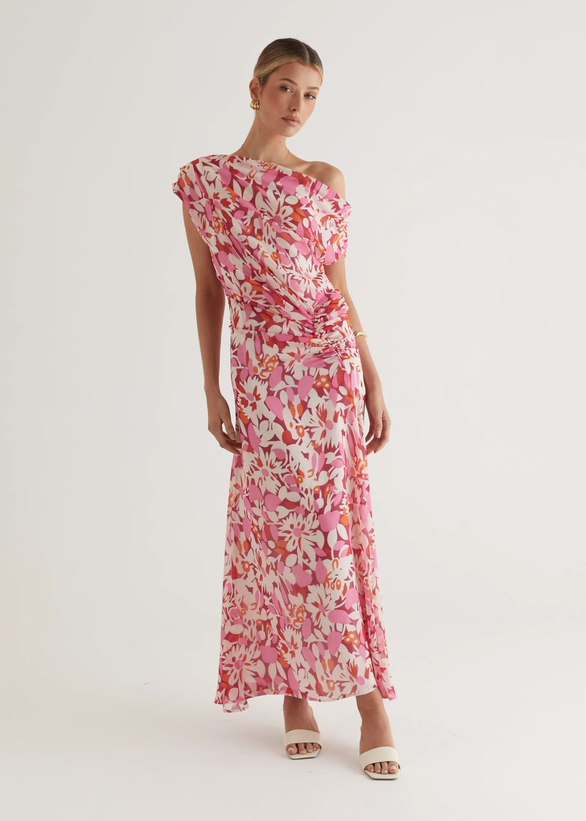Helix Off Shoulder Midi Dress - Rio Pink
