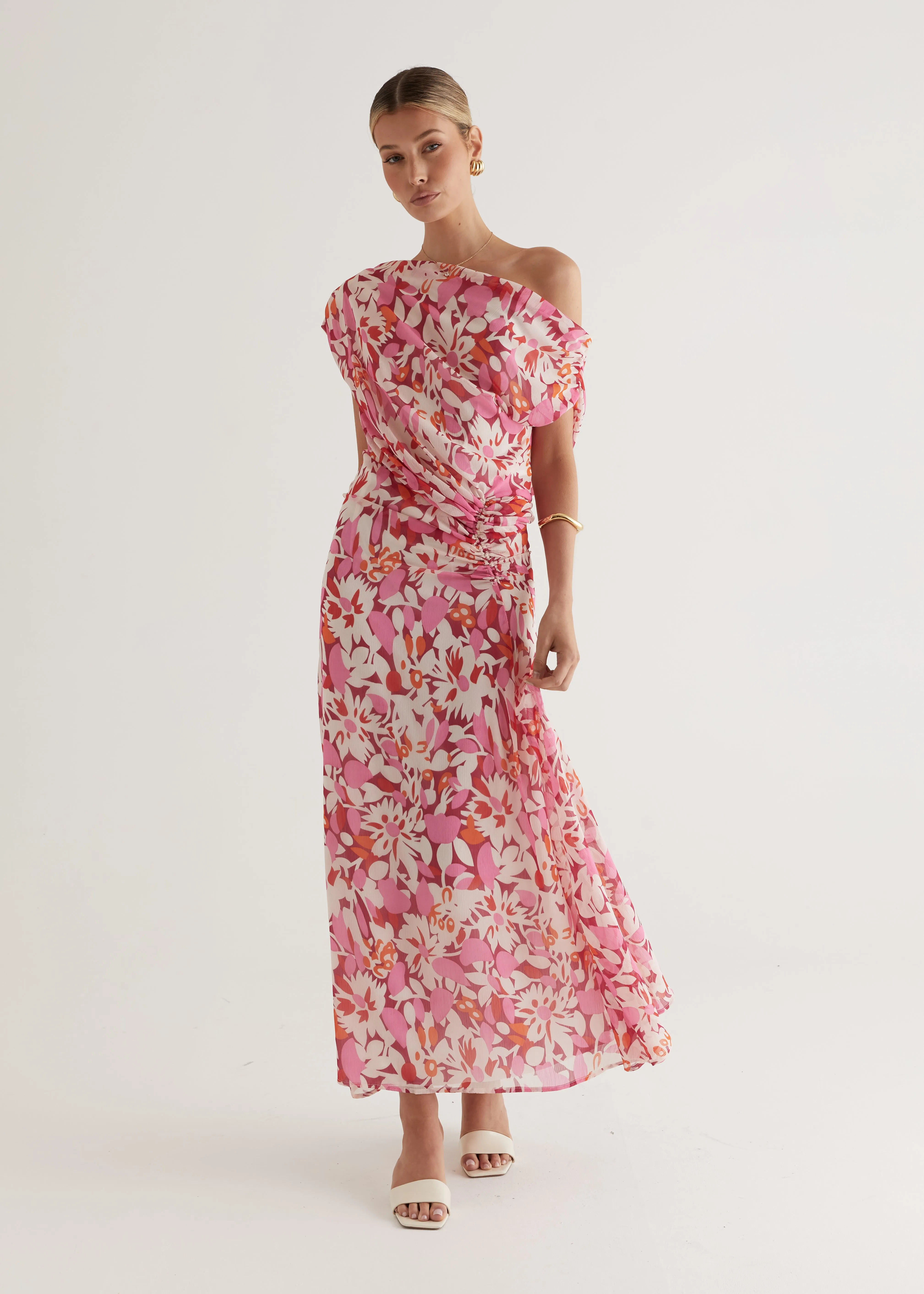 Helix Off Shoulder Midi Dress - Rio Pink