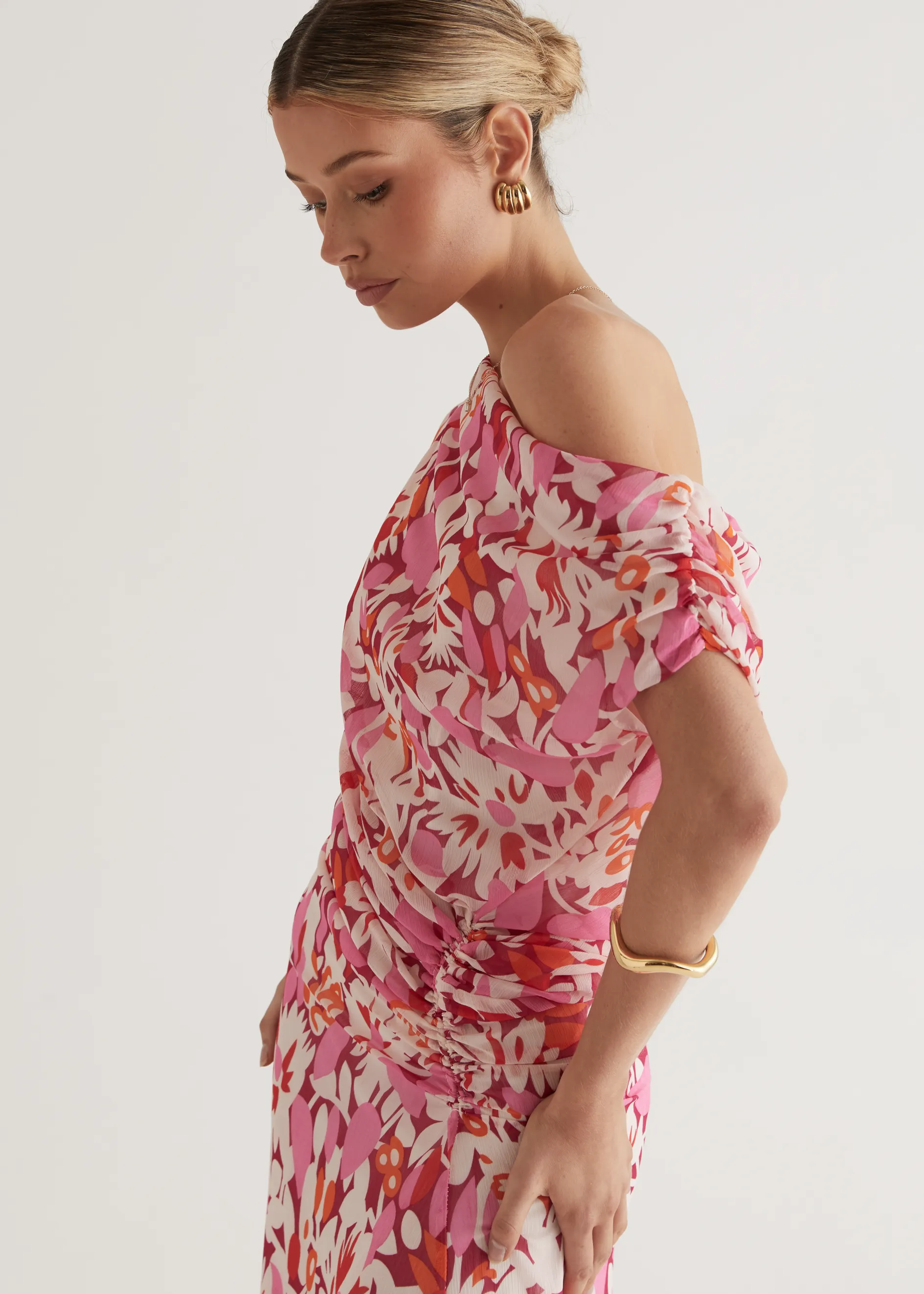 Helix Off Shoulder Midi Dress - Rio Pink