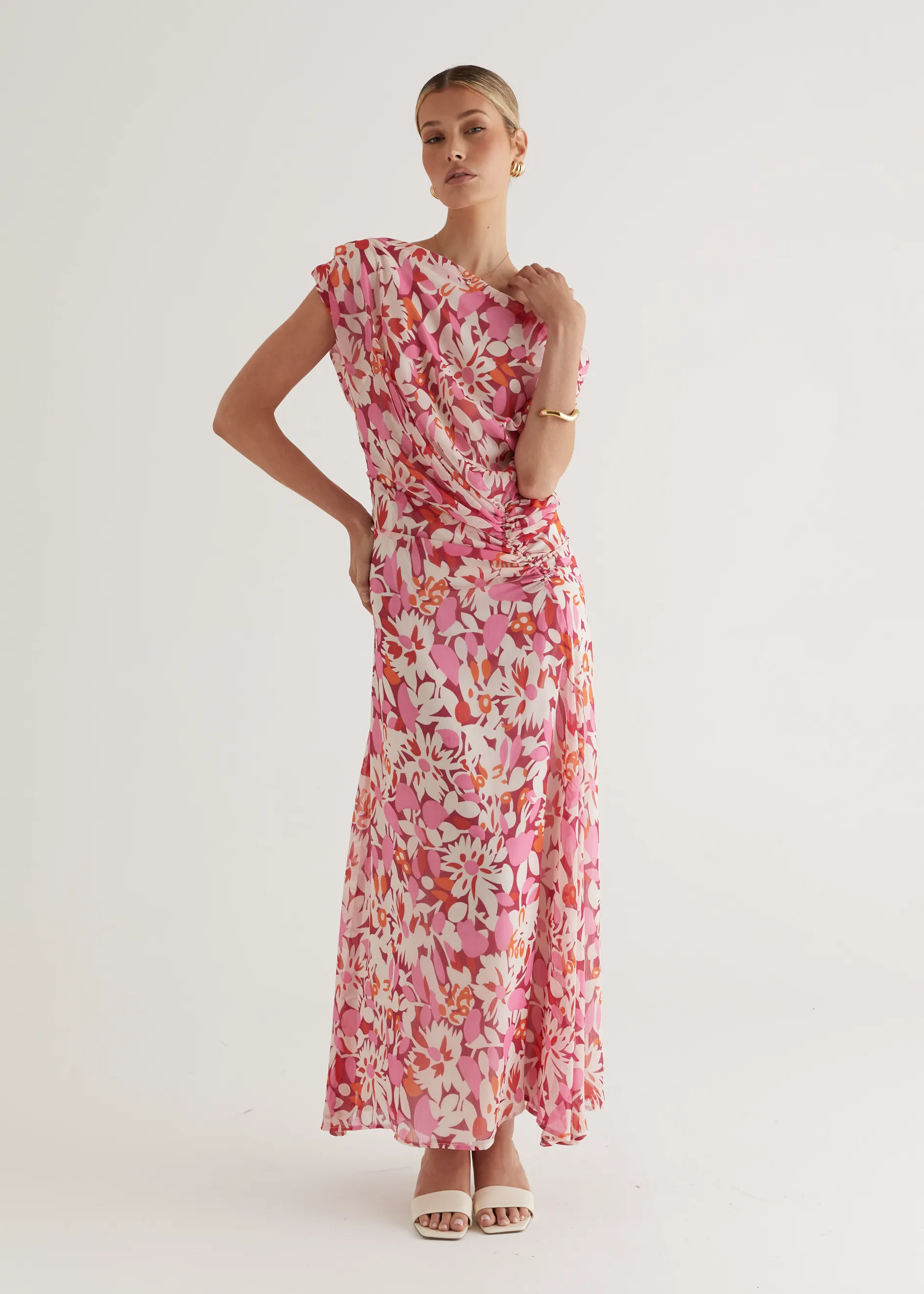 Helix Off Shoulder Midi Dress - Rio Pink