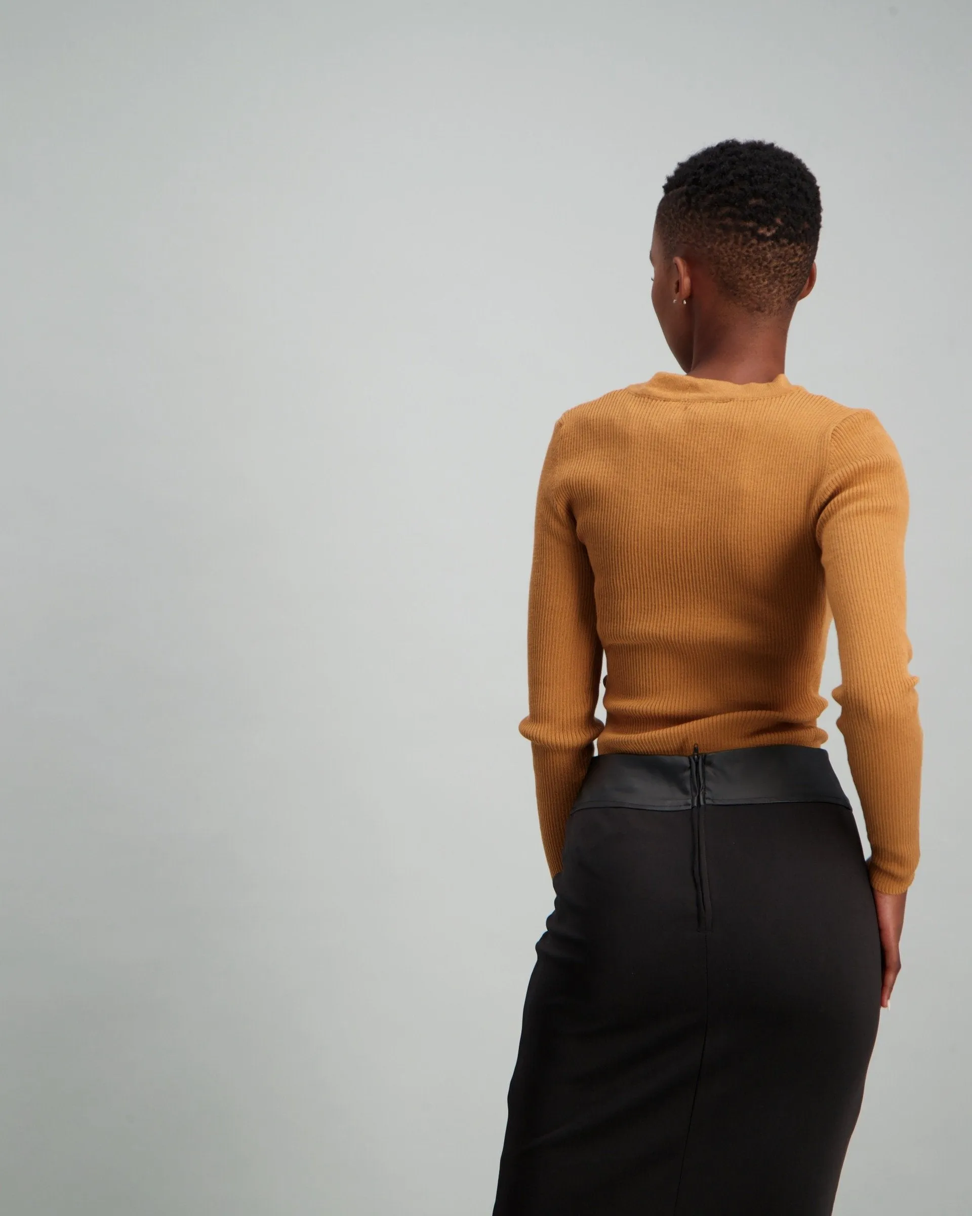 Ladies Long Sleeve Button Detailed V-Neck Top - Tan