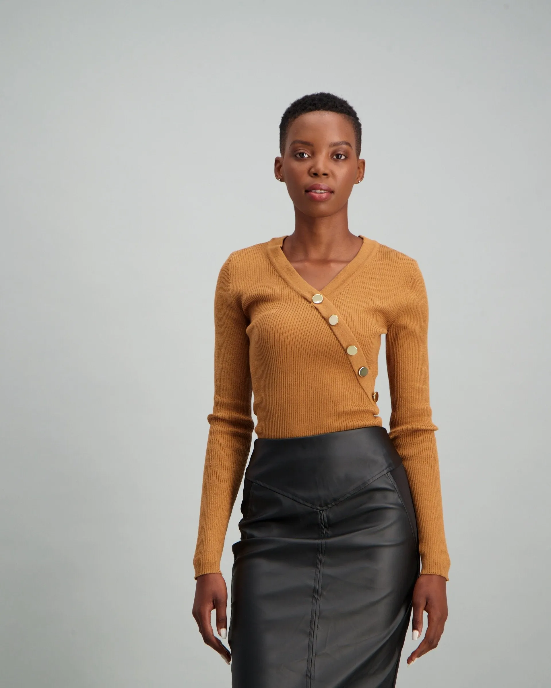 Ladies Long Sleeve Button Detailed V-Neck Top - Tan