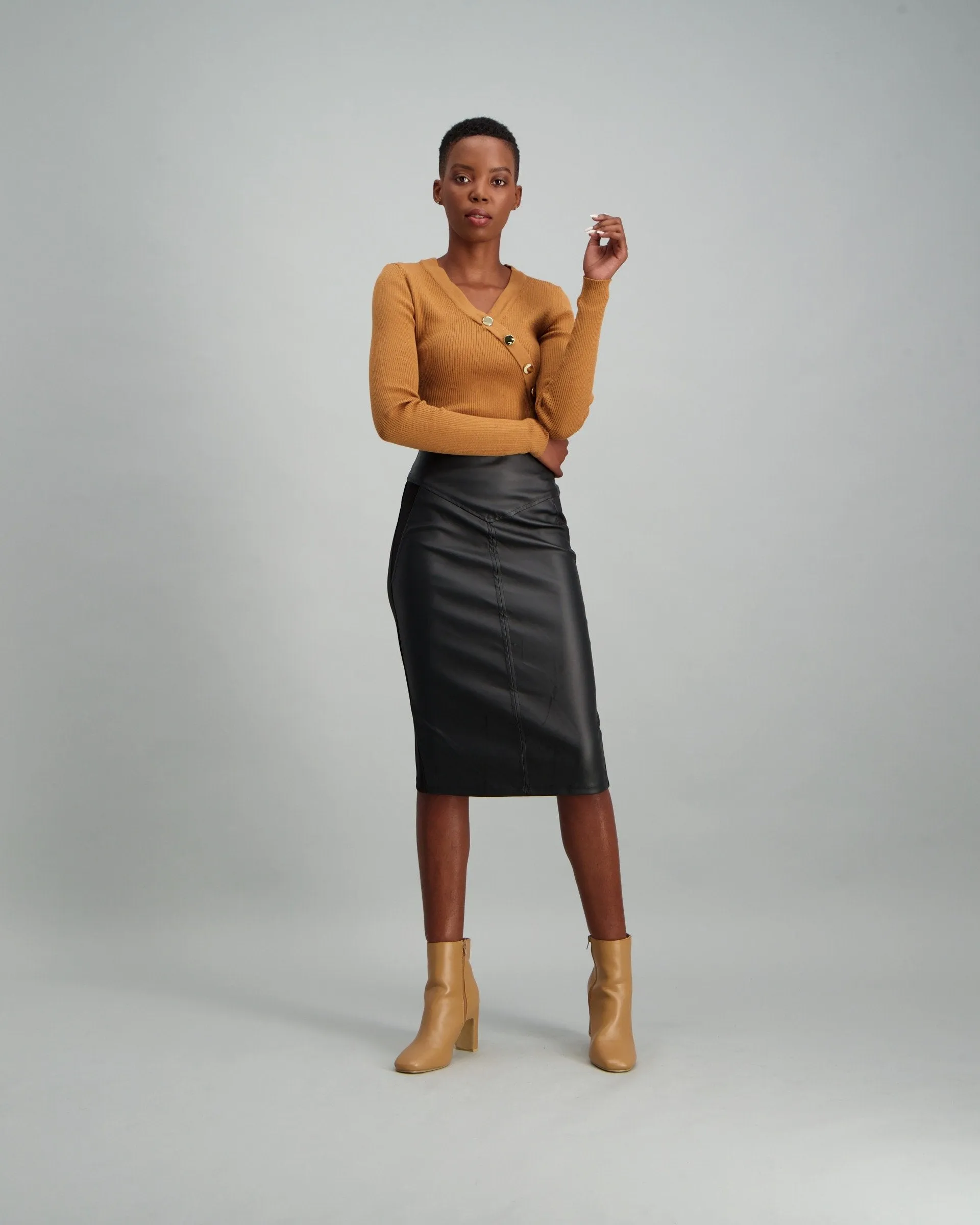 Ladies Long Sleeve Button Detailed V-Neck Top - Tan