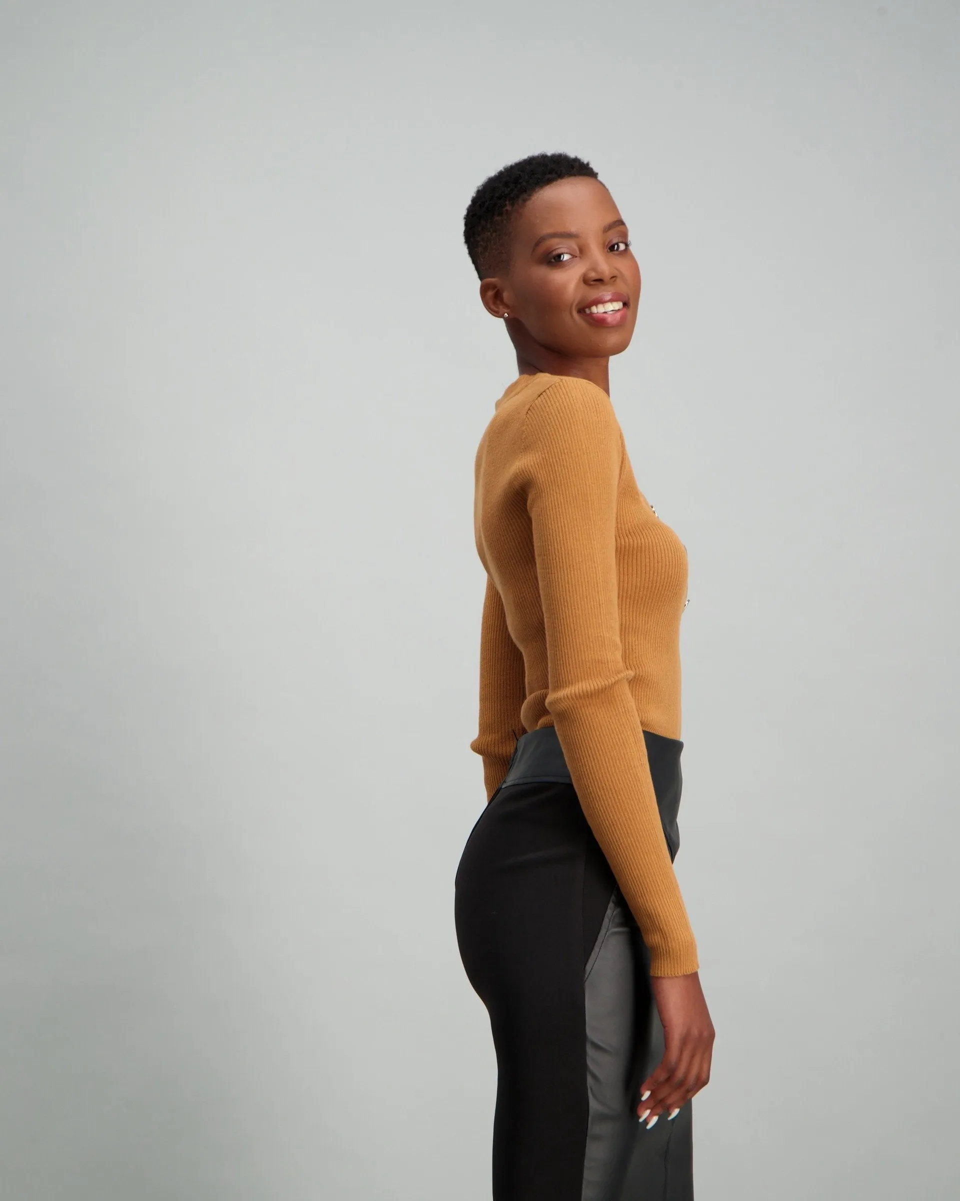 Ladies Long Sleeve Button Detailed V-Neck Top - Tan