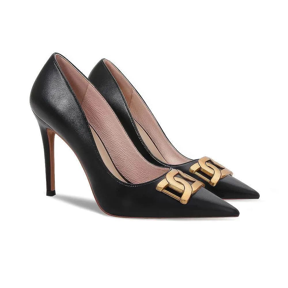 Metal Decorated Pointy Toe Court Heels