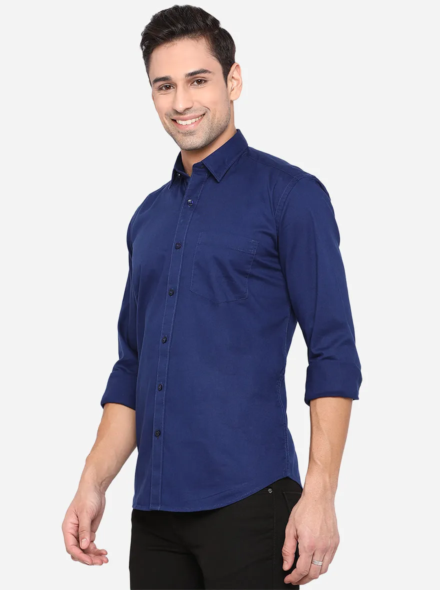 Navy Blue Solid Slim Fit Casual Shirt | JadeBlue