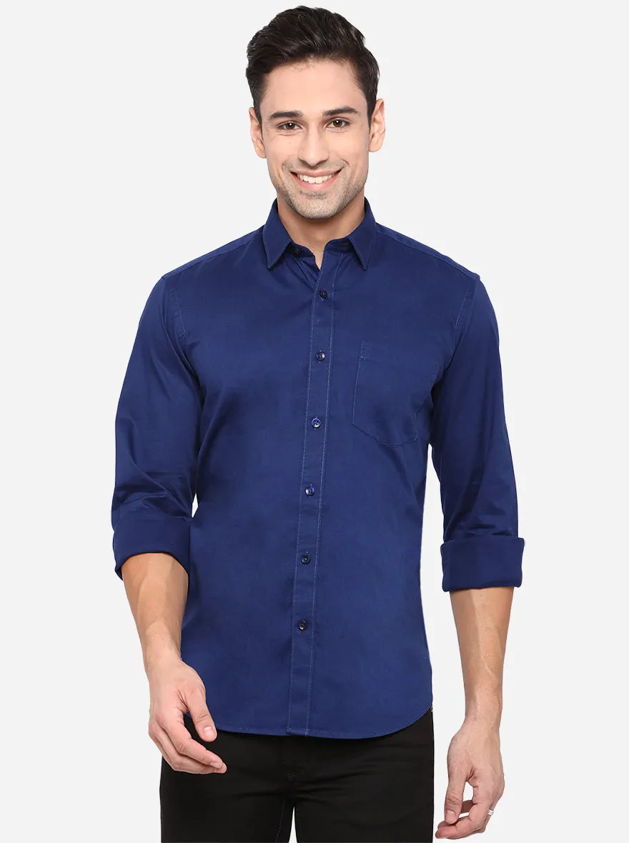 Navy Blue Solid Slim Fit Casual Shirt | JadeBlue