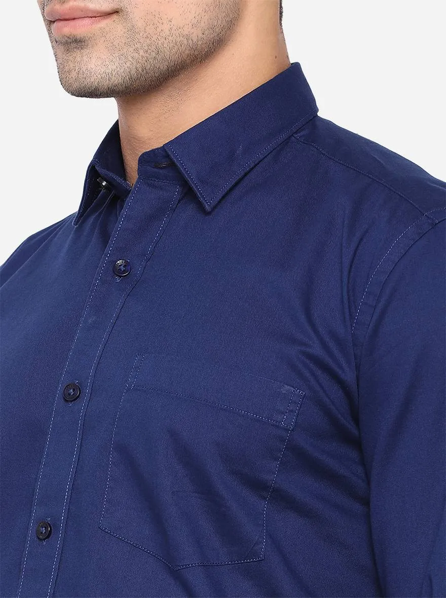 Navy Blue Solid Slim Fit Casual Shirt | JadeBlue
