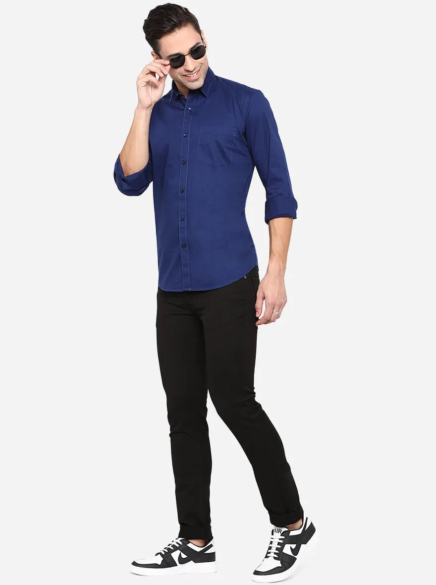 Navy Blue Solid Slim Fit Casual Shirt | JadeBlue