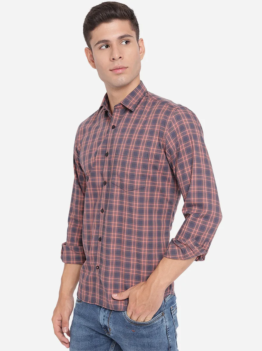 Pink & Grey Checked Slim Fit Casual Shirt | Greenfibre
