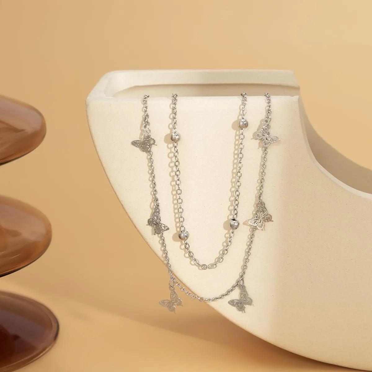 Silver-Plated Butterfly Station Anklet Set