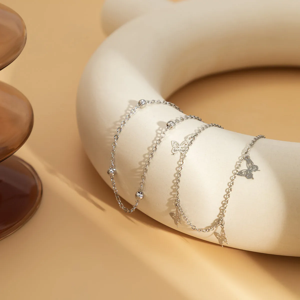 Silver-Plated Butterfly Station Anklet Set