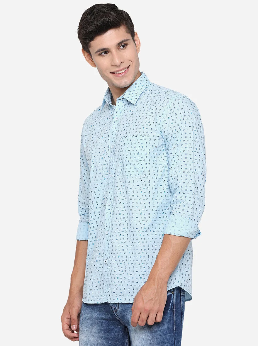 Sky Blue Printed Slim Fit Casual Shirt | JadeBlue