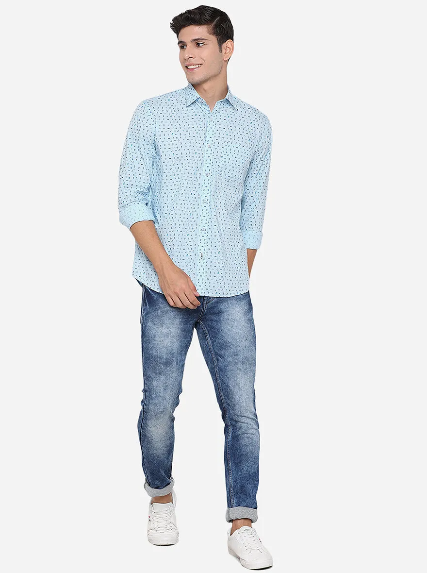 Sky Blue Printed Slim Fit Casual Shirt | JadeBlue