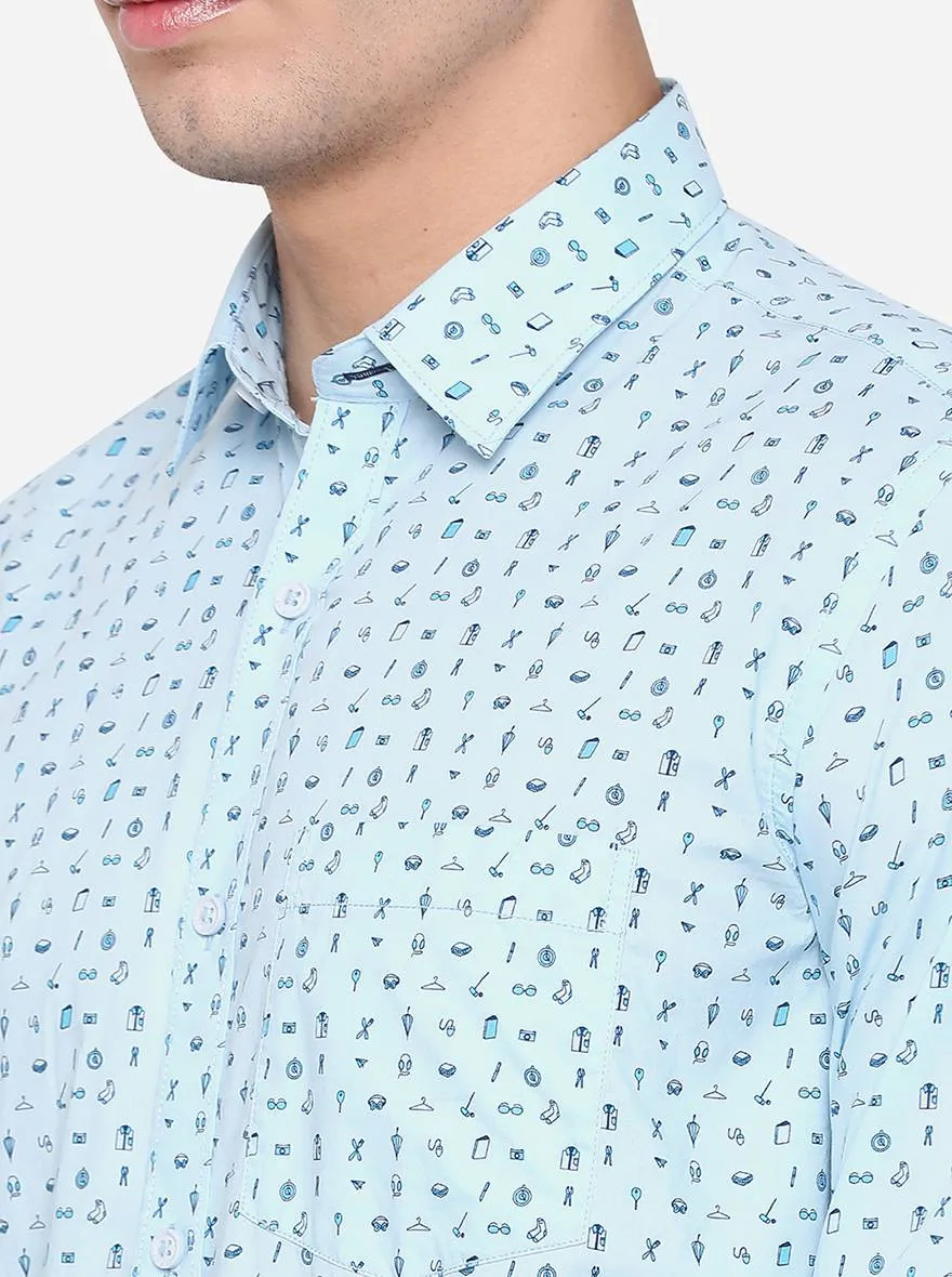 Sky Blue Printed Slim Fit Casual Shirt | JadeBlue