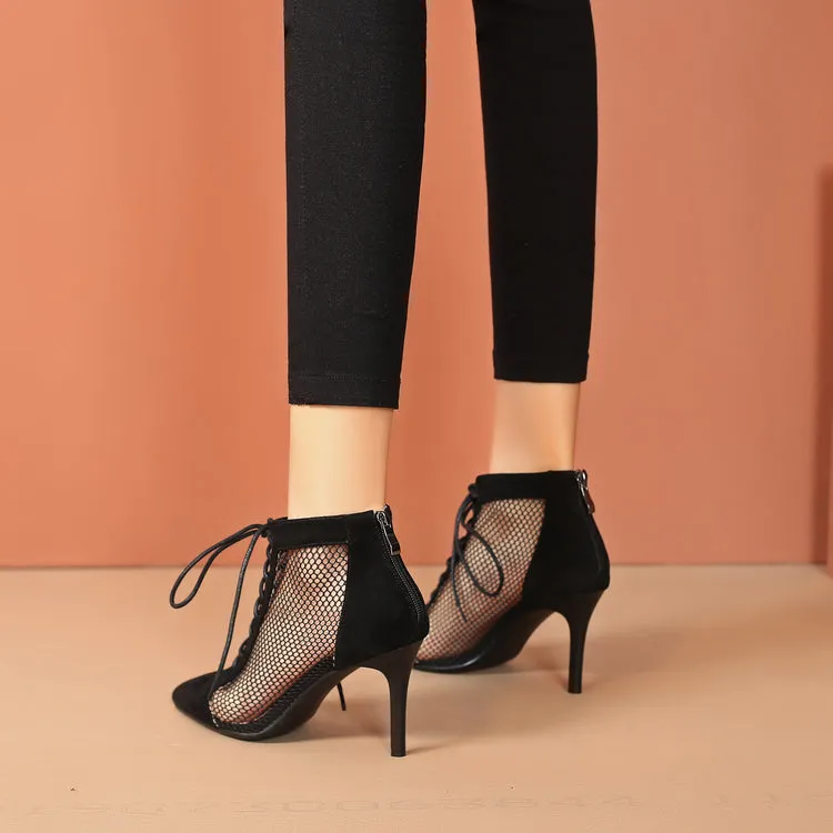 Sleek Black Suede and Mesh Lace-Up Booties - Modern Elegance with a Twist