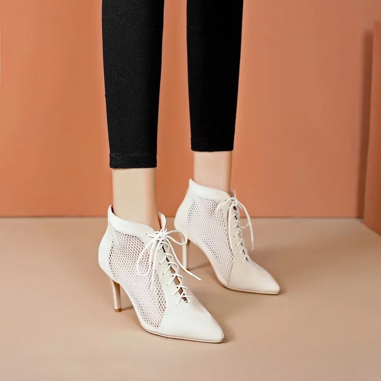 Sleek Black Suede and Mesh Lace-Up Booties - Modern Elegance with a Twist