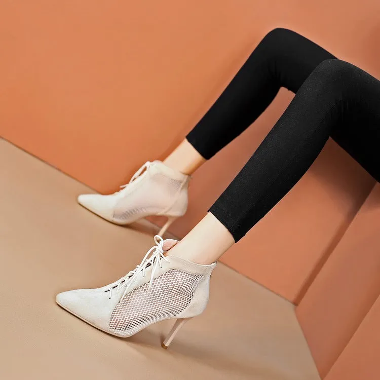 Sleek Black Suede and Mesh Lace-Up Booties - Modern Elegance with a Twist