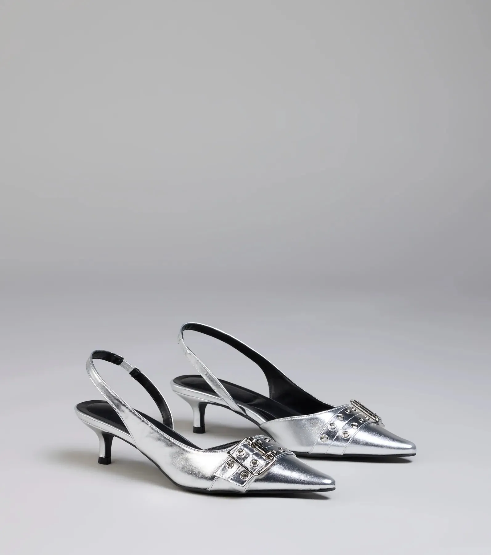Sleek Trendy Buckle Strap Slingback Kitten Heels