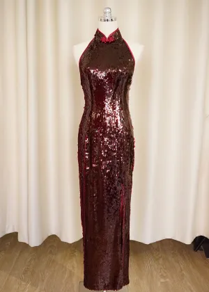 Speakeasy Sparkle Halter Qipao w Slit (Dark Red)