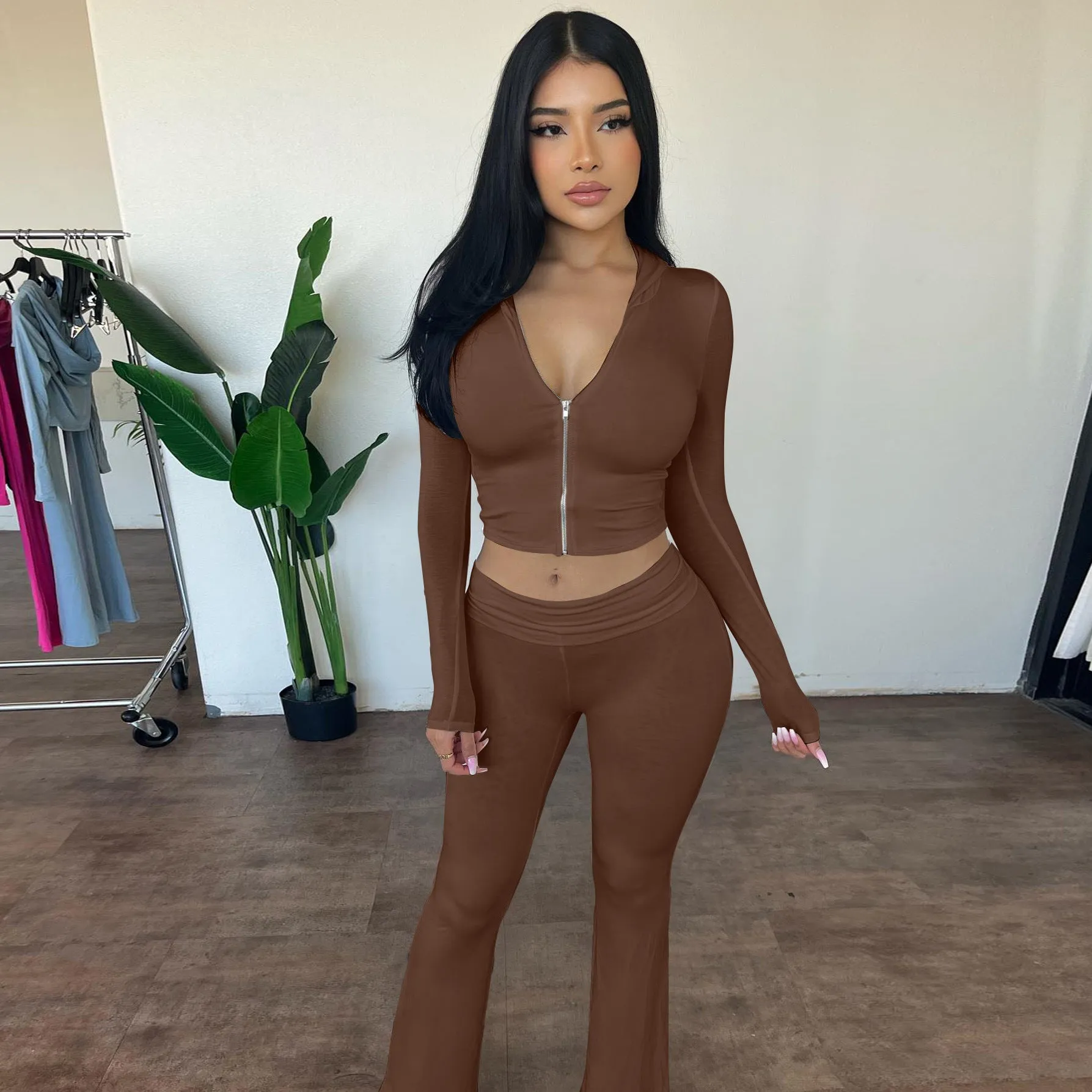 Stylish Hooded Zipper Top and Bell Bottom Pants Two-Piece Set