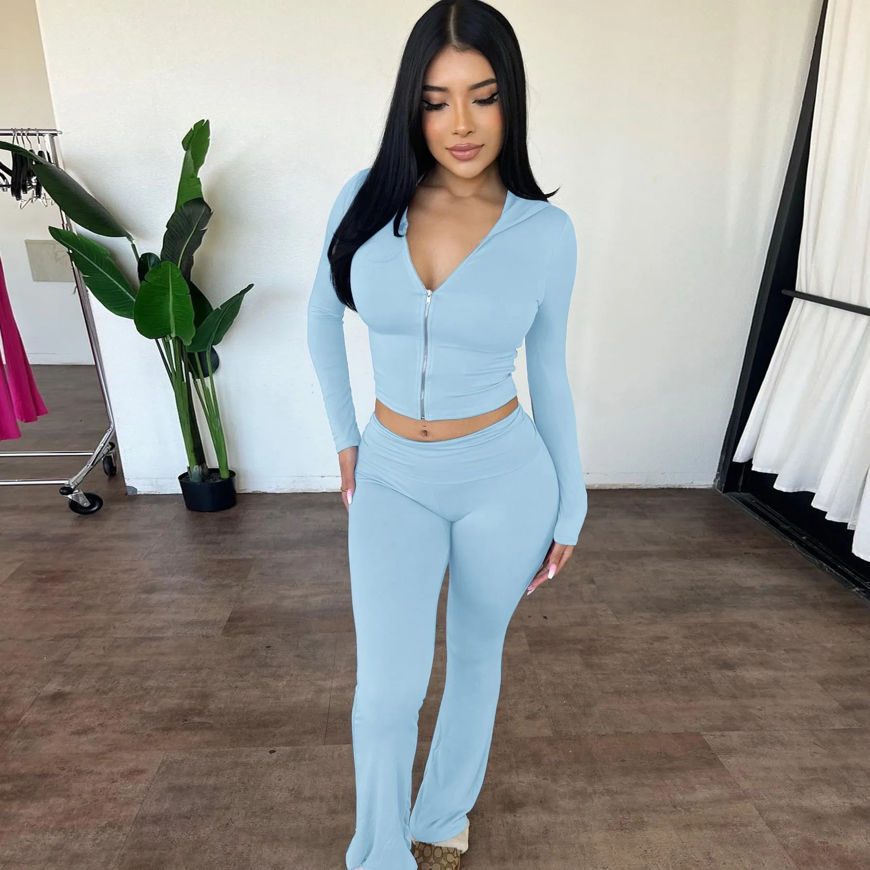Stylish Hooded Zipper Top and Bell Bottom Pants Two-Piece Set