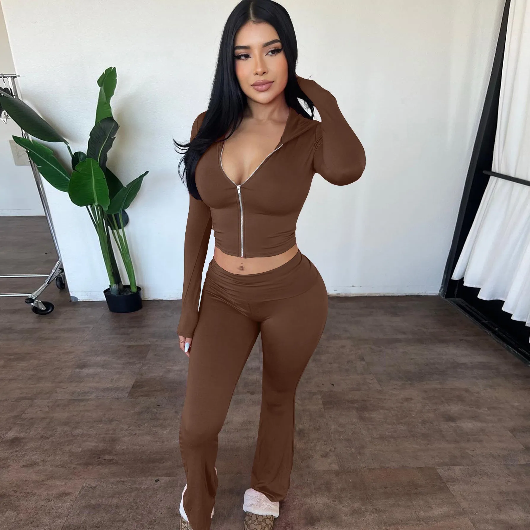 Stylish Hooded Zipper Top and Bell Bottom Pants Two-Piece Set