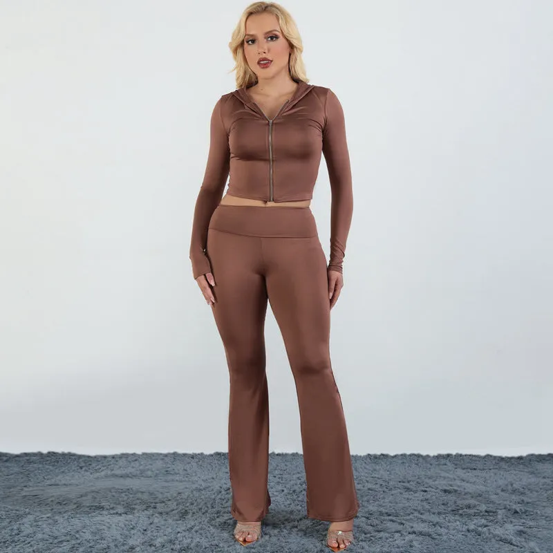 Stylish Hooded Zipper Top and Bell Bottom Pants Two-Piece Set