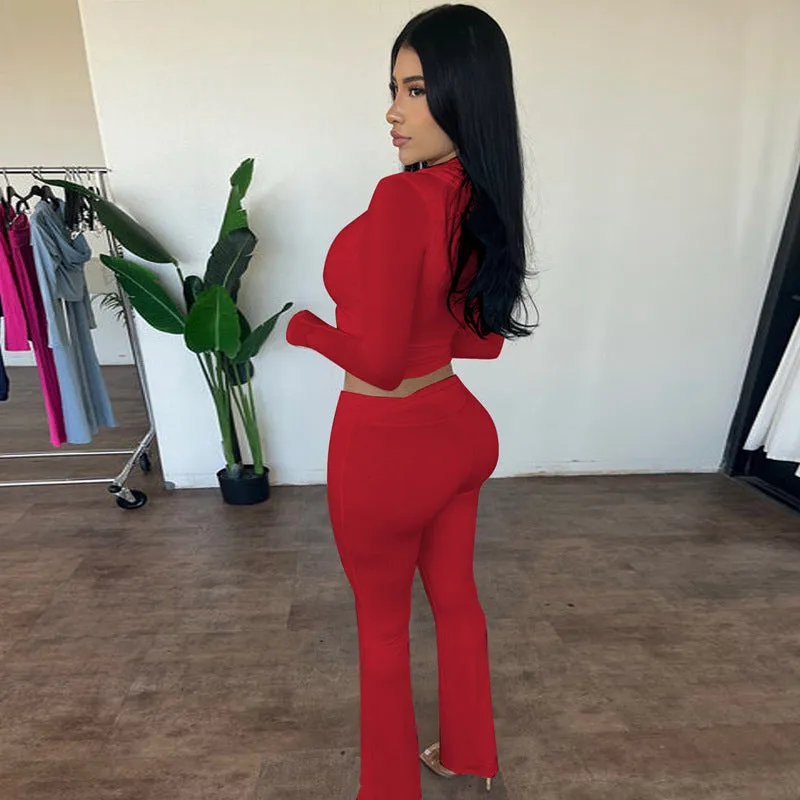 Stylish Hooded Zipper Top and Bell Bottom Pants Two-Piece Set