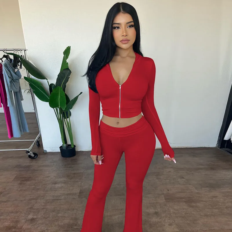Stylish Hooded Zipper Top and Bell Bottom Pants Two-Piece Set