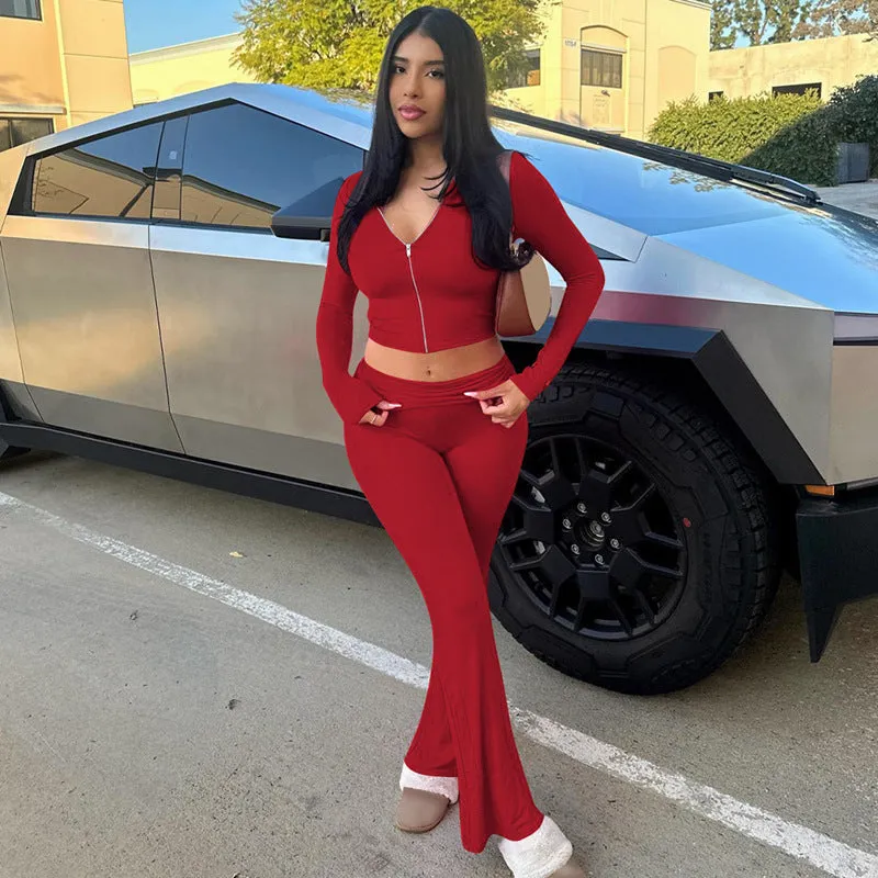 Stylish Hooded Zipper Top and Bell Bottom Pants Two-Piece Set