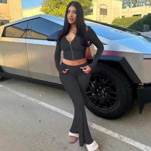 Stylish Hooded Zipper Top and Bell Bottom Pants Two-Piece Set
