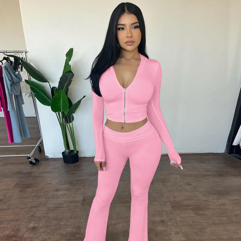 Stylish Hooded Zipper Top and Bell Bottom Pants Two-Piece Set