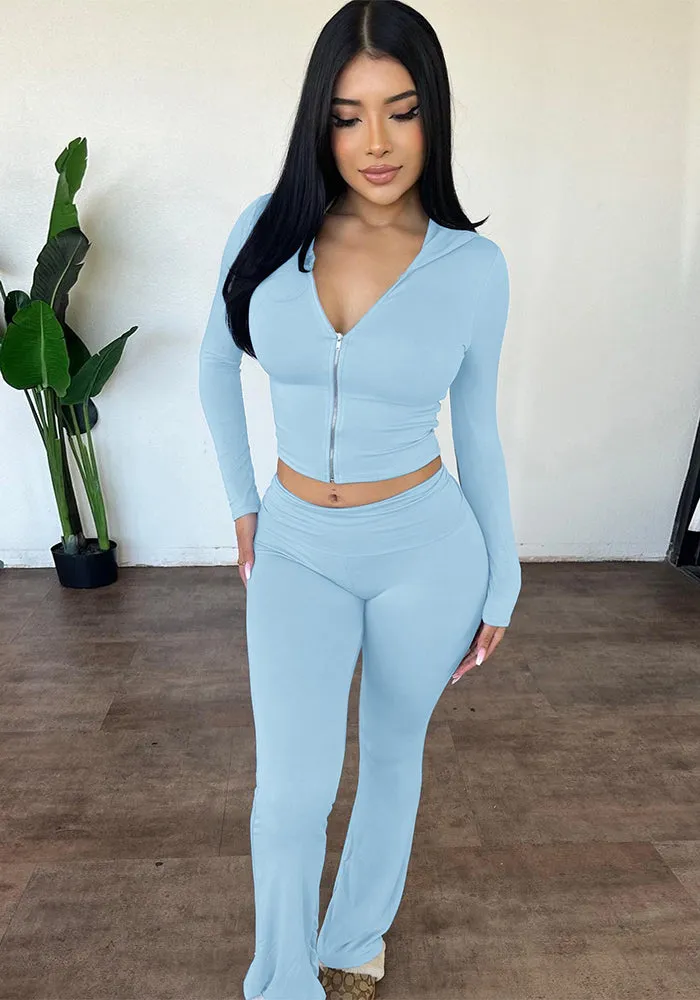 Stylish Hooded Zipper Top and Bell Bottom Pants Two-Piece Set