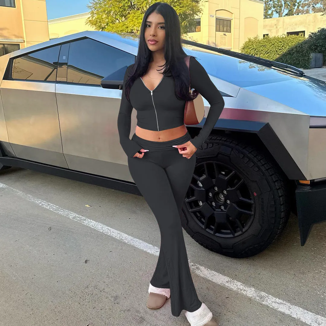 Stylish Hooded Zipper Top and Bell Bottom Pants Two-Piece Set