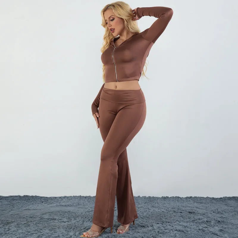 Stylish Hooded Zipper Top and Bell Bottom Pants Two-Piece Set