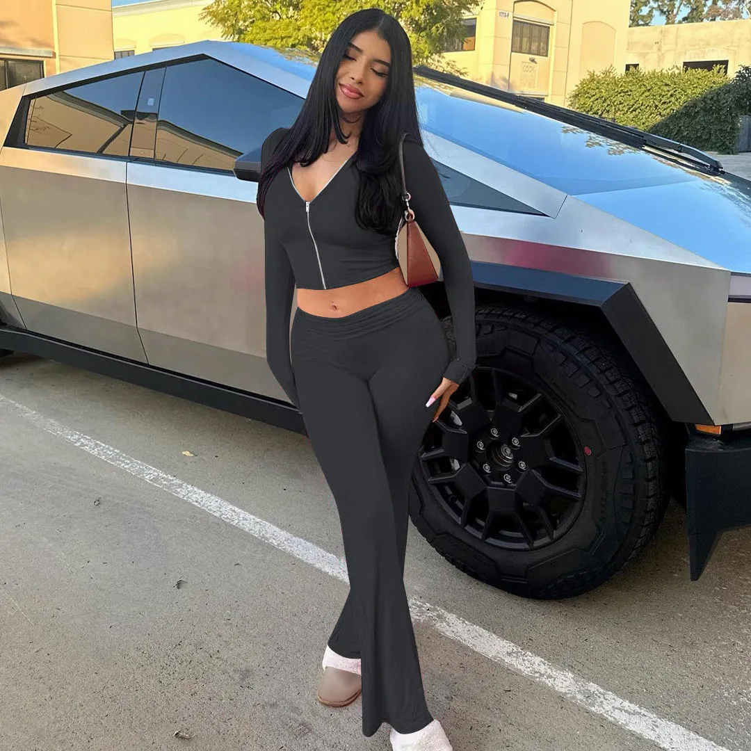 Stylish Hooded Zipper Top and Bell Bottom Pants Two-Piece Set