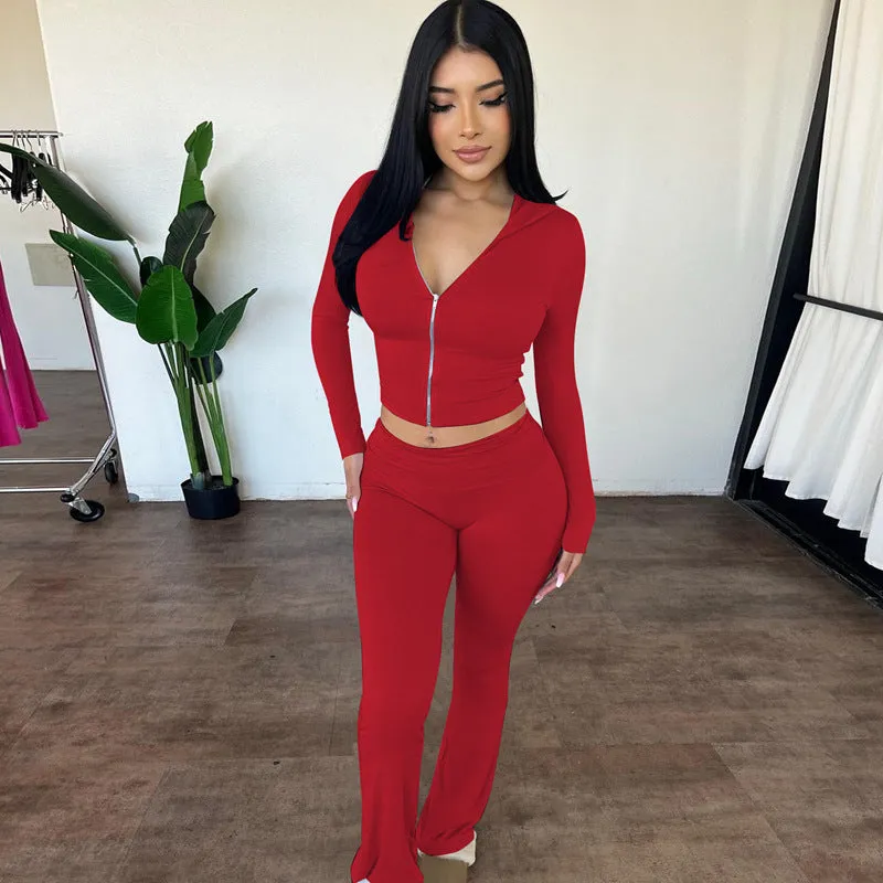 Stylish Hooded Zipper Top and Bell Bottom Pants Two-Piece Set