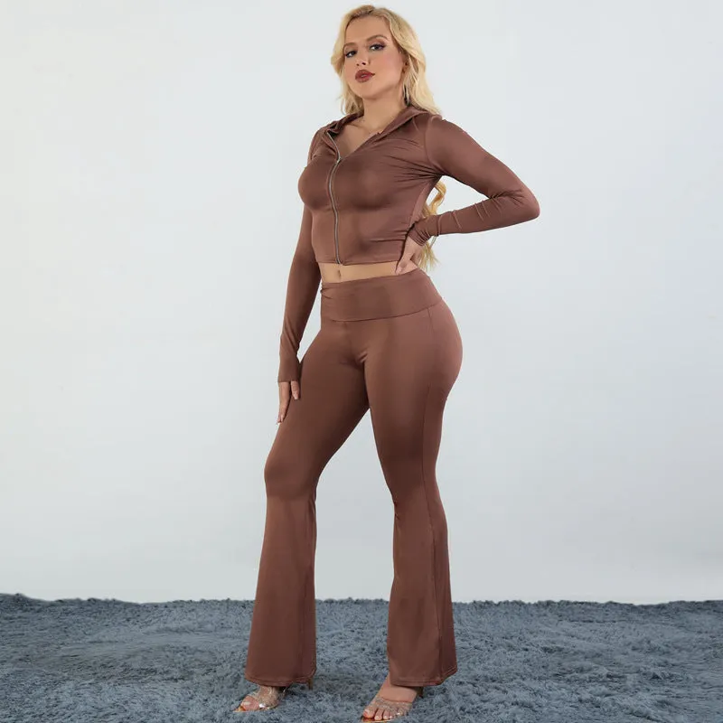 Stylish Hooded Zipper Top and Bell Bottom Pants Two-Piece Set