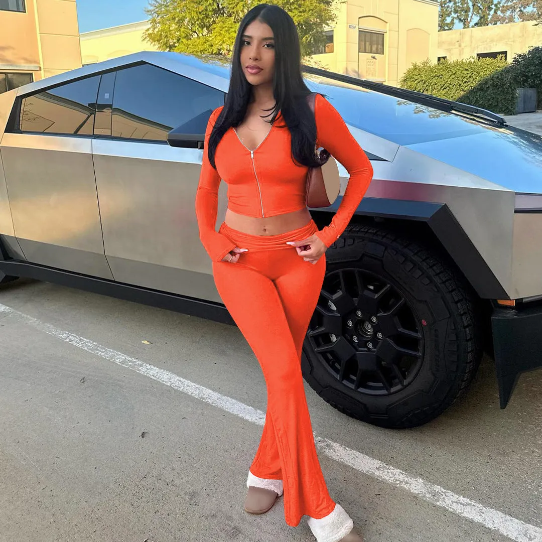 Stylish Hooded Zipper Top and Bell Bottom Pants Two-Piece Set