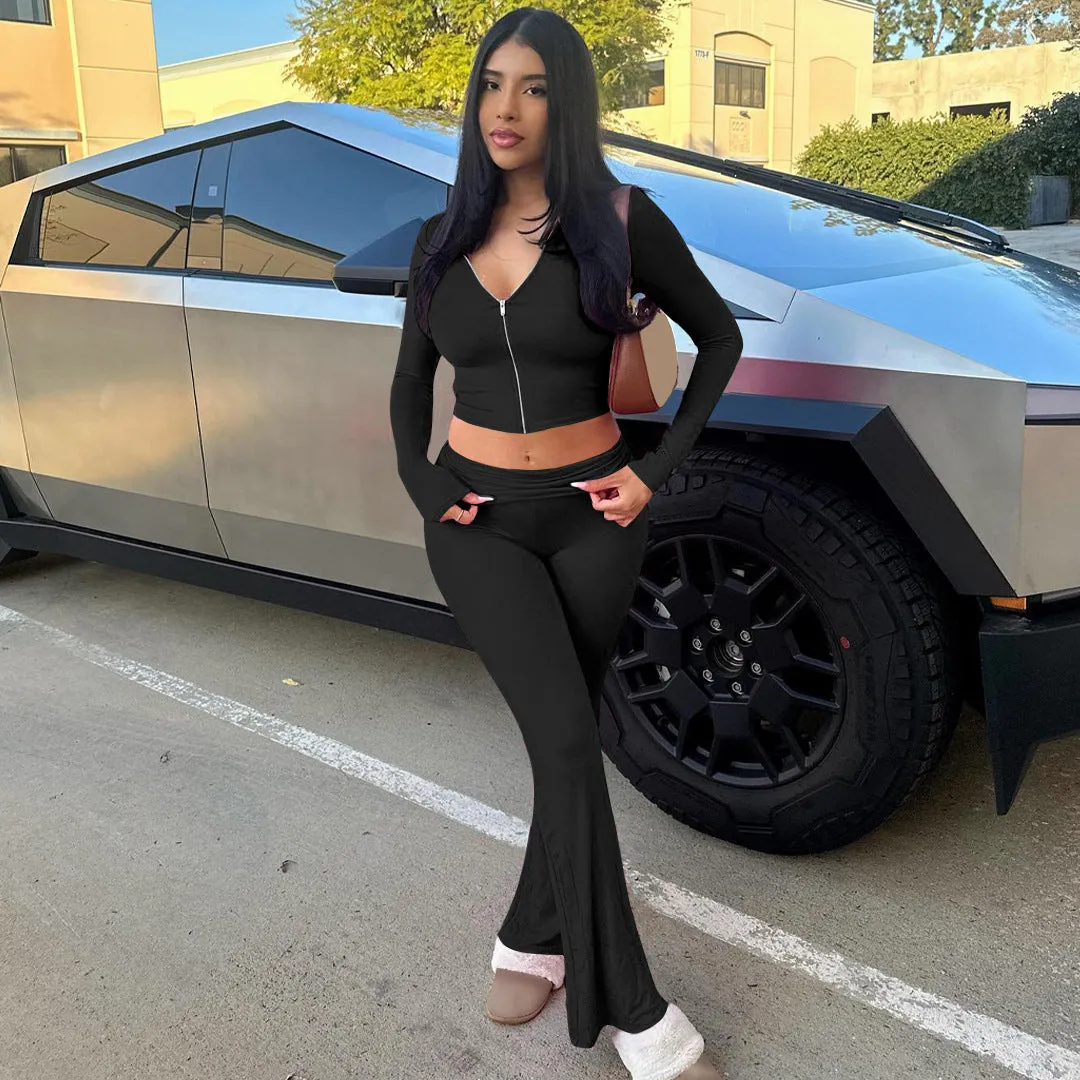 Stylish Hooded Zipper Top and Bell Bottom Pants Two-Piece Set