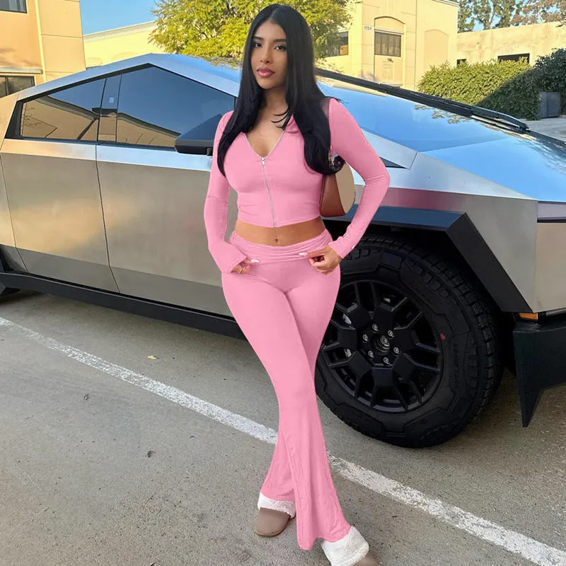 Stylish Hooded Zipper Top and Bell Bottom Pants Two-Piece Set