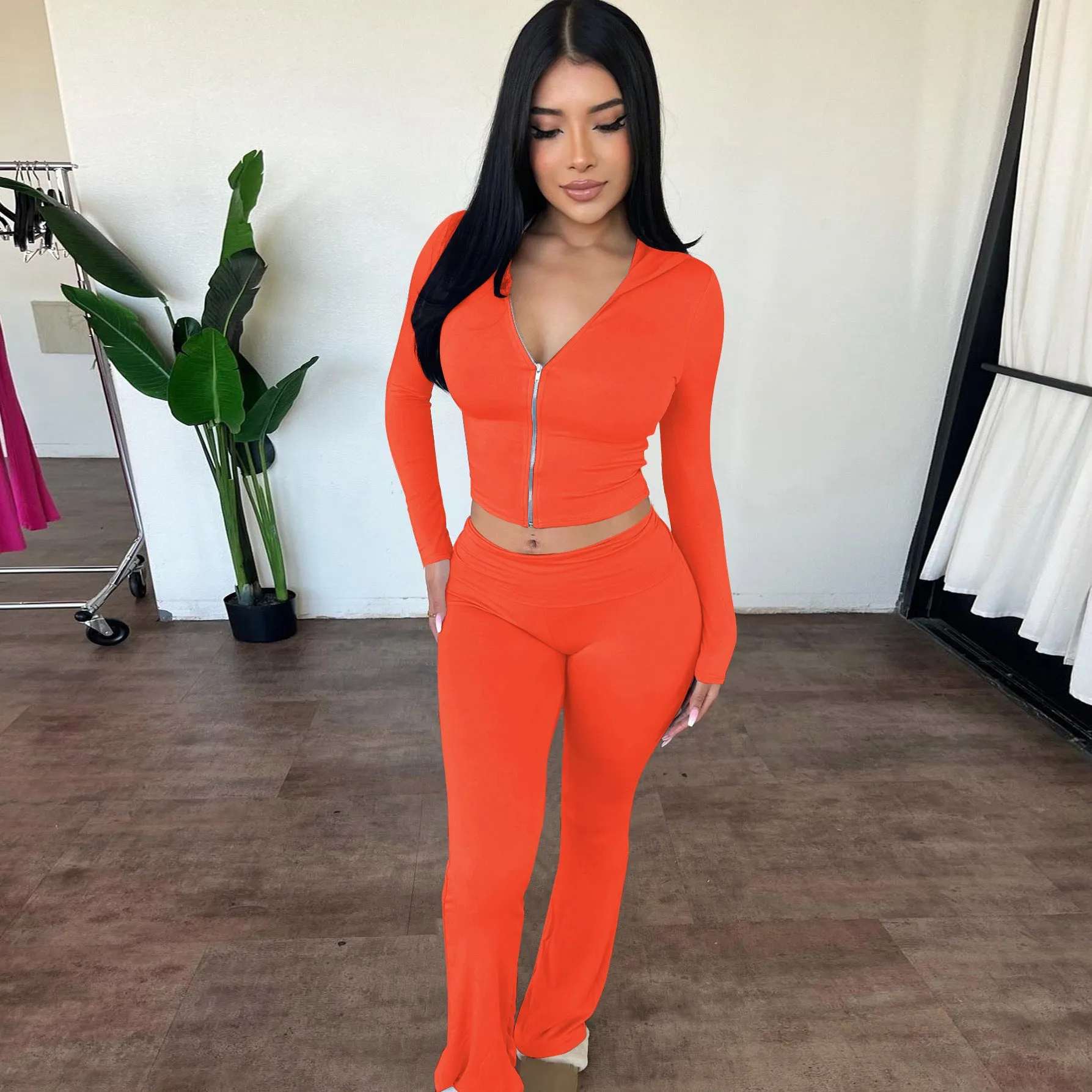 Stylish Hooded Zipper Top and Bell Bottom Pants Two-Piece Set