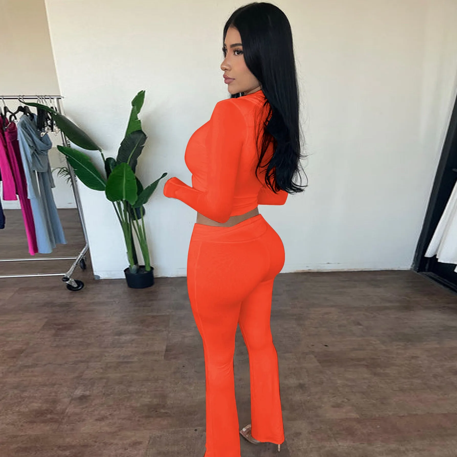 Stylish Hooded Zipper Top and Bell Bottom Pants Two-Piece Set