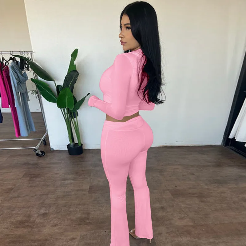 Stylish Hooded Zipper Top and Bell Bottom Pants Two-Piece Set