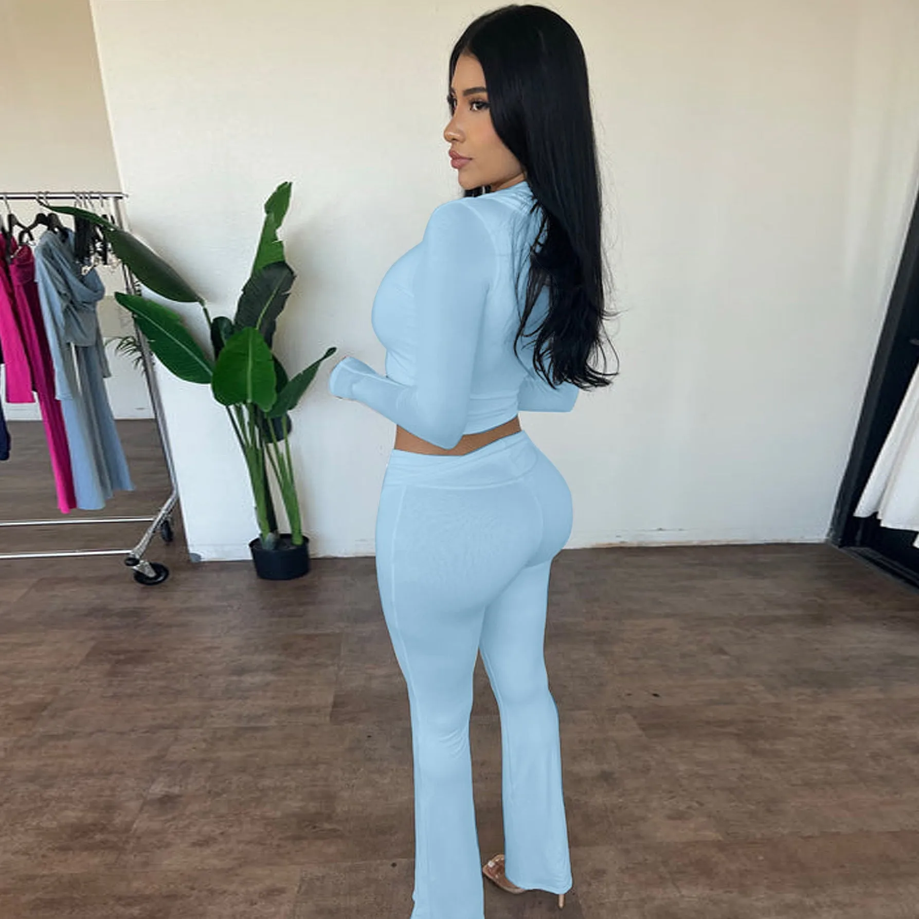 Stylish Hooded Zipper Top and Bell Bottom Pants Two-Piece Set