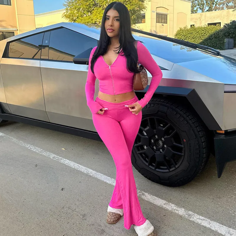 Stylish Hooded Zipper Top and Bell Bottom Pants Two-Piece Set